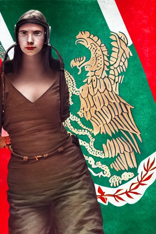 Prompt: cyberpunk girl in front of mexico flag in the style of remedios varo