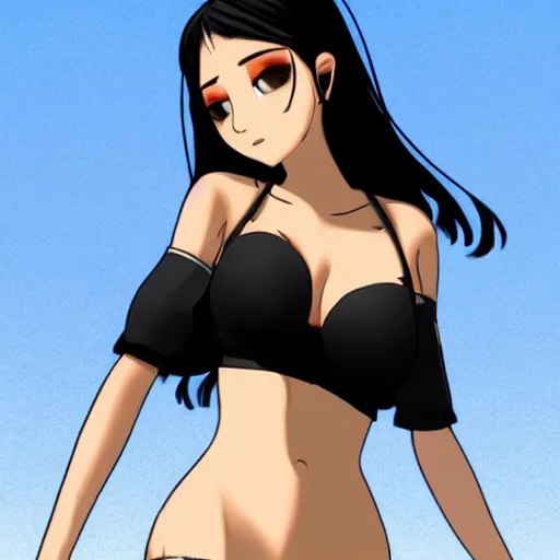 Image similar to black-haired beauty in 2D style , in a bikini , knee-length hair