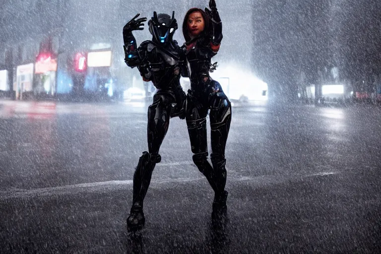 Prompt: vfx marvel sci-fi woman black super hero robot photo real full body action pose, city street cinematic lighting, rain and fog by Emmanuel Lubezki