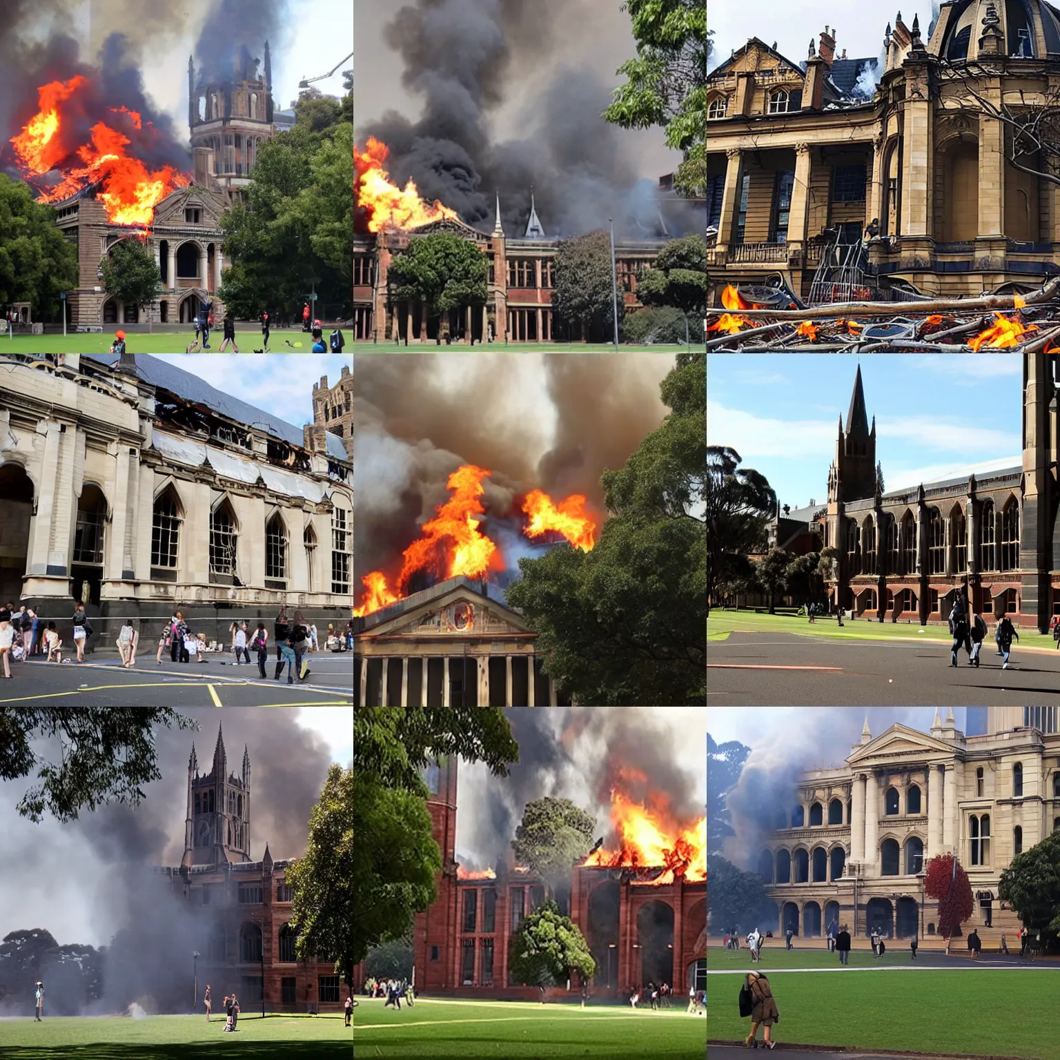 Prompt: University of Melbourne burning down