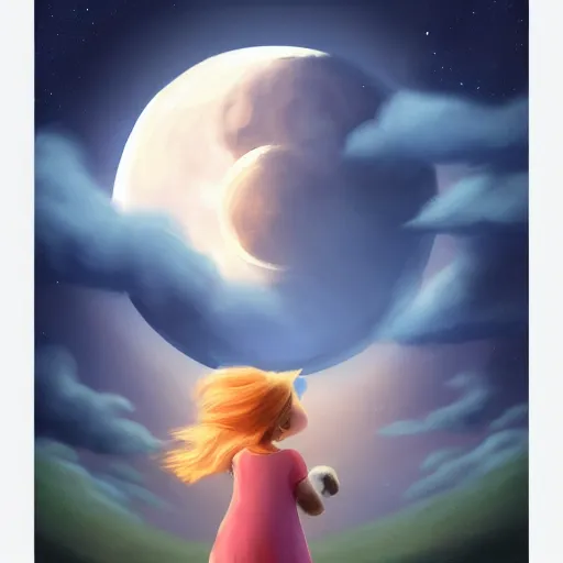 Prompt: !dream At night, a lovely little girl held dog and looked at the Moon,trending on artstation,50mm, by Noah Bradley