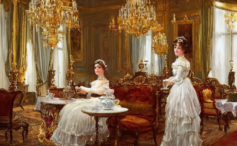 Prompt: Young victorian princess drinking tea on the royal palace dining room. By Konstantin Razumov, highly detailded