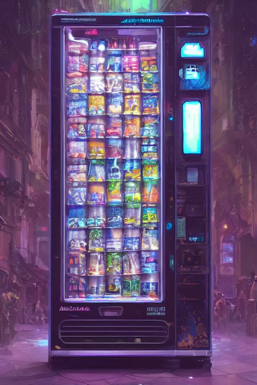 Image similar to futuristic vending machine with magic potions inside, highly detailed, 8k, rim lighting, digital painting, artstation , concept art, sharp focus, illustration, art by greg rutkowski and alphonse mucha