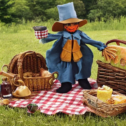 Image similar to scarecrow has a picnic, extremely photorealistic