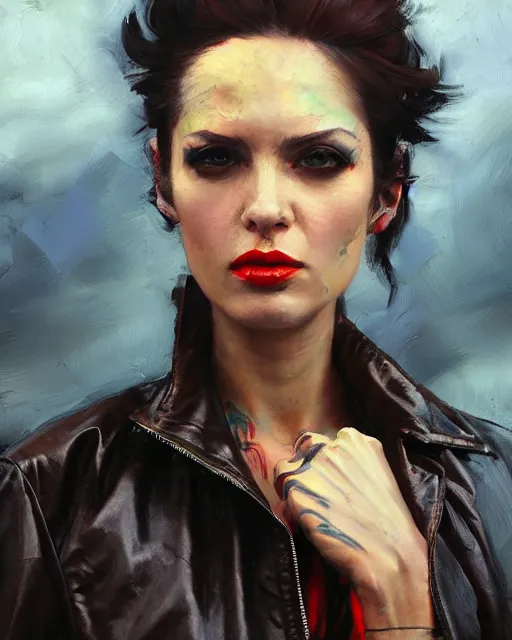 Image similar to greg manchess portrait painting of a punk woman in a leather bomber jacket, medium shot, asymmetrical, profile picture, organic painting, rainy night, matte painting, bold shapes, hard edges, street art, trending on artstation, by huang guangjian and gil elvgren and sachin teng