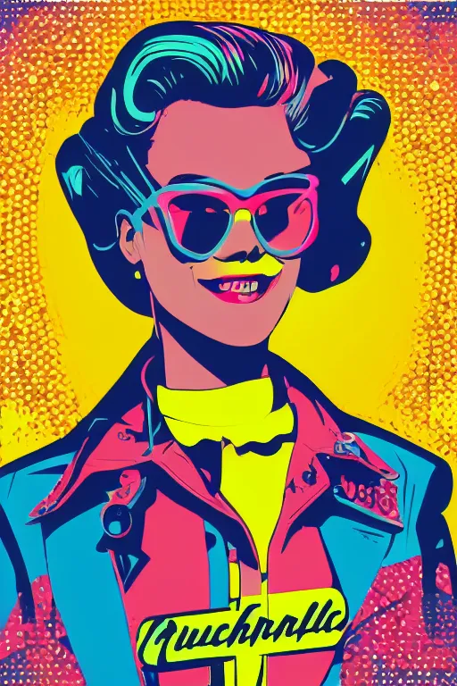 Prompt: happy girl, 7 6 retro futurist illustration art by butcher billy, sticker, colorful, illustration, highly detailed, simple, smooth and clean vector curves, no jagged lines, vector art, smooth andy warhol style