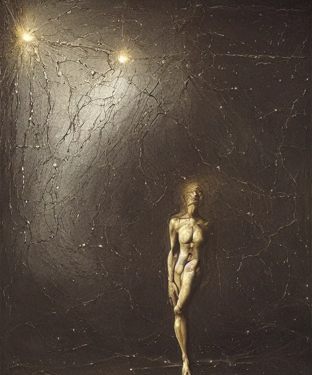 Image similar to The room without doors and windows with beautiful full-body wax sculpture of the glowing woman with visible golden bones inside her in the singularity where stars becoming baroque folds of dark matter by Michelangelo da Caravaggio, Nicola Samori, William Blake, Alex Grey and Beksinski, dramatic volumetric lighting, detailed oil painting, 8k, masterpiece