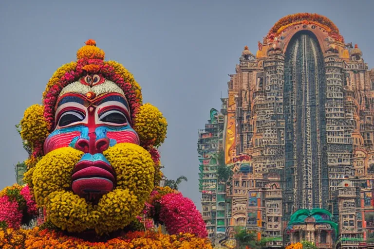 Image similar to high quality 3 d flowerpunk biomorphic hanuman head building in the middle of mumbai!!, kalighat highly detailed, cinematic smooth, stephen shore & john j. park, soft morning light, wide shot, high angle, uhd 8 k, deep focus