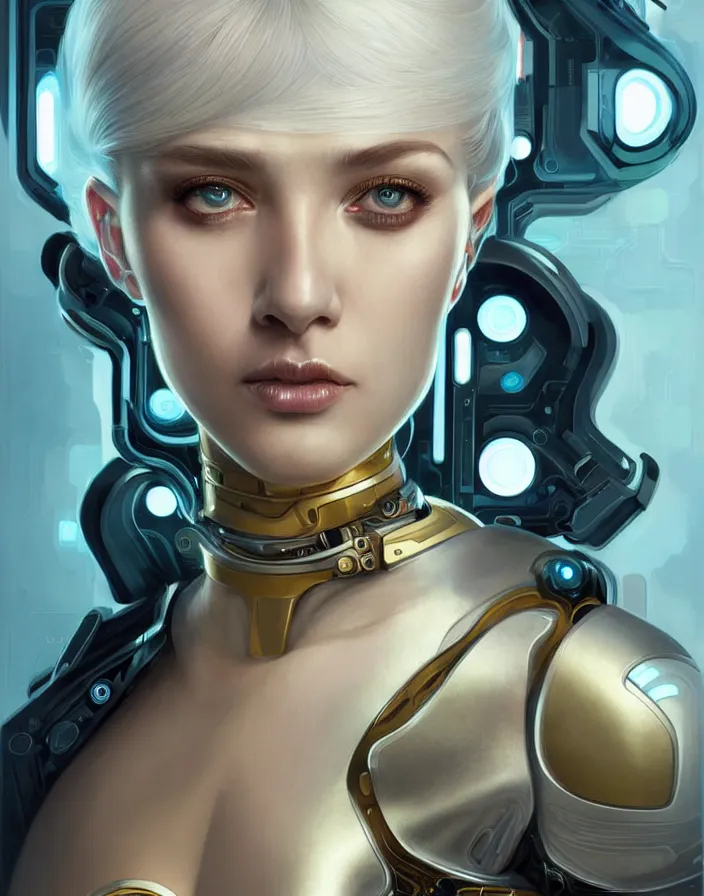 Prompt: futuristic woman android portrait, sci-fi female, striking azure eyes, face, short platinum hair tomboy, cyberpunk femme fatale, intricate, elegant lady with alabaster skin, highly detailed gold filigree, digital painting, artstation, concept art, smooth, sharp focus, illustration, studio photo by artgerm and greg rutkowski and alphonse mucha:3, overexposed, dark, gray, monochrome:-2