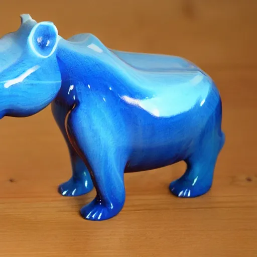 Image similar to expertly crafted etsy kids natural wood hippopotamus expertly fused with blue epoxy. the back of the wood shining hippo is made of blue epoxy. with a white photographers background.