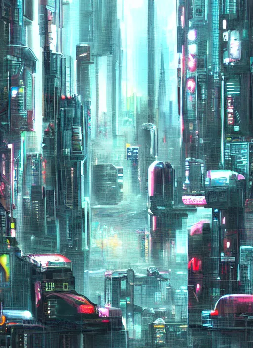 Prompt: Cyberpunk cityscape realistic painting