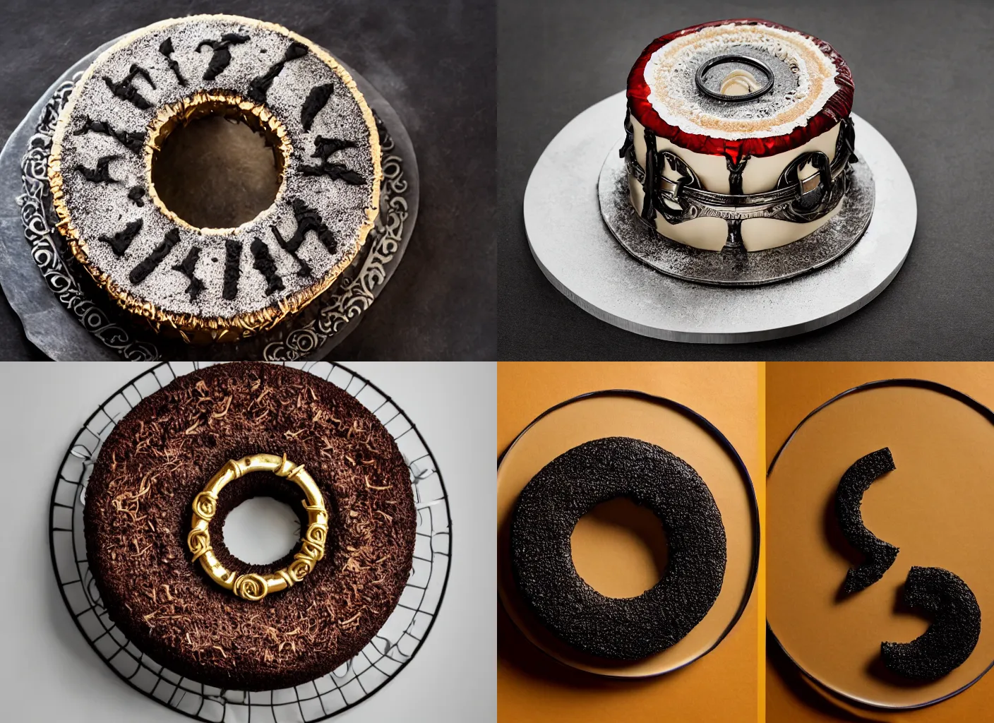 Prompt: the one ring cake to rule them all, food photography, studio lighting, high contrast, 500px, 80mm