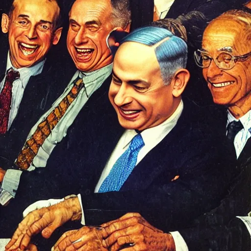 Prompt: benjamin netanyahu laughing and pointing at screen, by norman rockwell