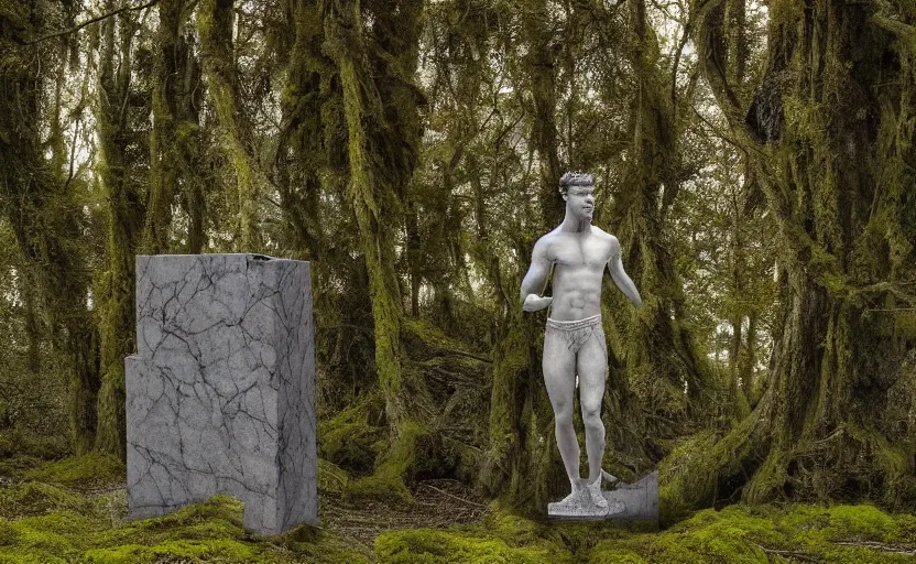 Image similar to a mossy marble statue of Cristiano Ronaldo abandoned in the middle of a forest near a lake at sunset by Greg Rutkowski, concept art, godrays, complementary colors, calm, relaxing, beautiful landscape, highly detailed, high quality, 4k HDR, path tracing, serene landscape, high coherence, soft lighting