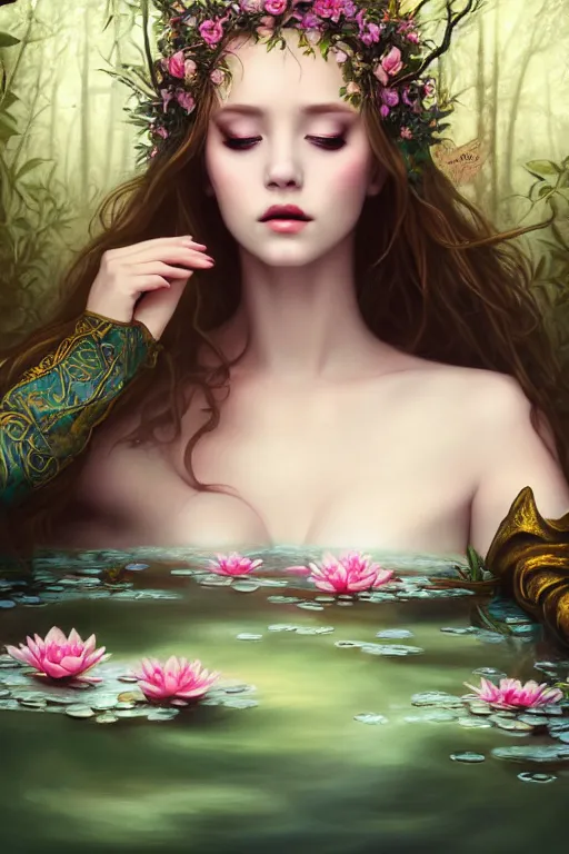 Prompt: artistic painting, medieval princess, ophelia, wearing ornate robes, beautiful eyes and lips, floating supine in a forest pond, flowers, art by artgerm and wlop and brom, highly detailed, 8 k, cinematic, digital painting, sharp focus, illustration, masterpiece