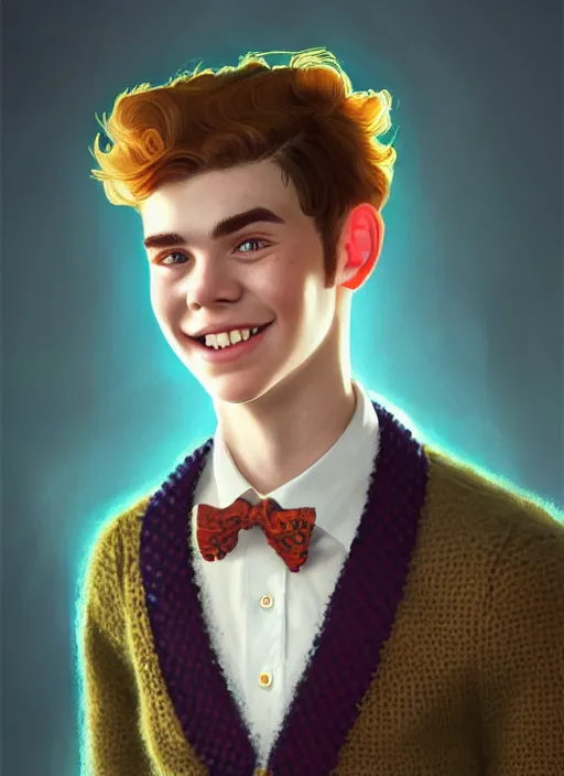 Image similar to portrait of teenage archie andrews, freckles, curly middle part haircut, curly hair, middle part hairstyle, smiling kindly, wearing a bowtie and sweater vest, intricate, elegant, glowing lights, highly detailed, digital painting, artstation, concept art, smooth, sharp focus, illustration, art by wlop, mars ravelo and greg rutkowski