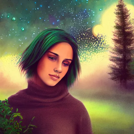 Image similar to a photo of a young woman with short brown hair, green eyes, beautiful trees in the background, night sky with multicolor stars and galaxies, trending on artstation