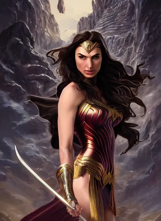 Prompt: Gal Gadot as Hell Lord, full body shot, epic, fantasy, intricate, elegant, volumetric lighting, highly detailed, digital painting, 4k, HDR, concept art, smooth, sharp focus, illustration, art by artgerm and alex ross and alphonse mucha and Adam Hughes