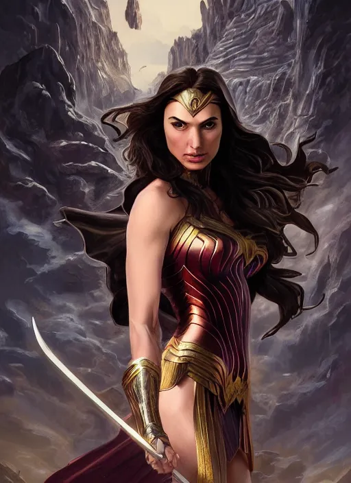 Image similar to Gal Gadot as Hell Lord, full body shot, epic, fantasy, intricate, elegant, volumetric lighting, highly detailed, digital painting, 4k, HDR, concept art, smooth, sharp focus, illustration, art by artgerm and alex ross and alphonse mucha and Adam Hughes