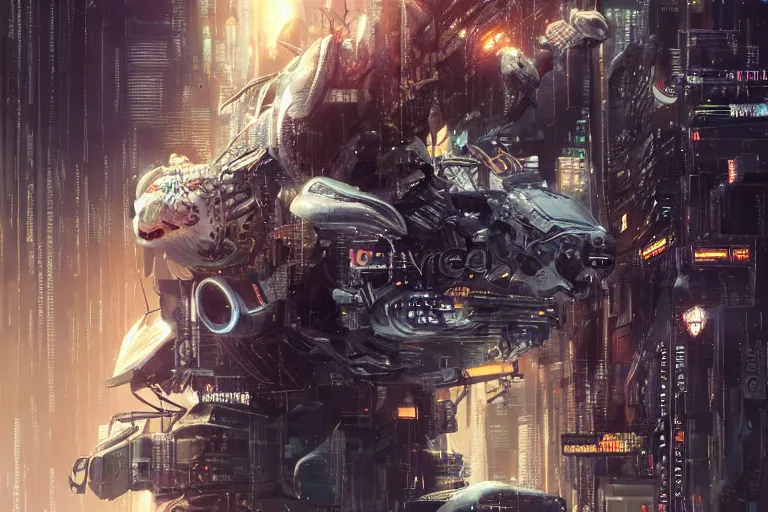 Prompt: cyberpunk cyborg beautiful tiger, finely detailed features, cyborg robot parts, futuristic vr headset, blade runner, dramatic cinematic, at cloud city, ghost in the shell, akira, odeo, cinematic lighting, in danger, noir, trending on pixiv fanbox, painted by greg rutkowski, makoto shinkai, takashi takeuchi,