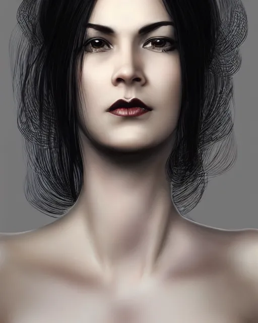 Prompt: portrait of a tall 4 0 - year - old woman with thin lips, long, lush black hair gathered on the head, and thick eyebrows, wearing in black clothes, aristocratic appearance, hyper realistic face, beautiful eyes, character art, art by mark brooks, hyperdetailed, cryengine, trending on artstation, digital art