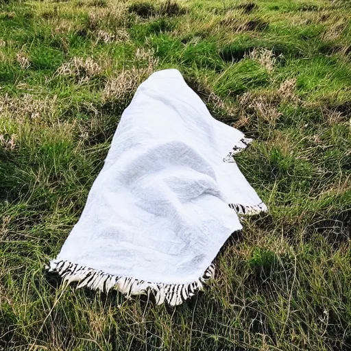 Prompt: “small white linen picnic blanket laid out amongst a grassy prairie scene, muted colours”