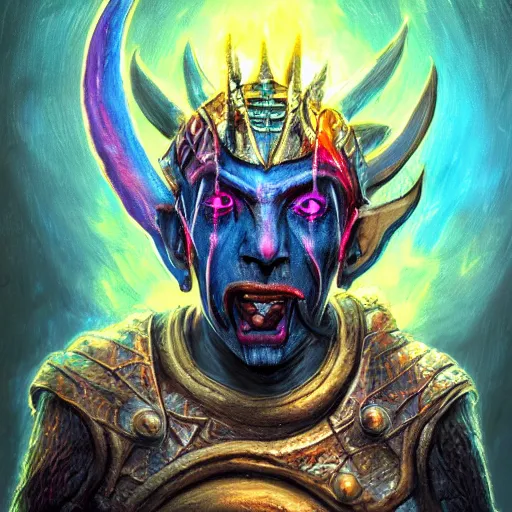 Image similar to Bright, colorful, realistic dark gritty individual elder scrolls morrowind Dagoth Ur, powerful Chimer lord head shot golden headdress backlighting, kodachrome, high contrast, highly detailed, sharp focus, digital painting, concept art, illustration, trending on artstation, comic book by Alex Ross cover art