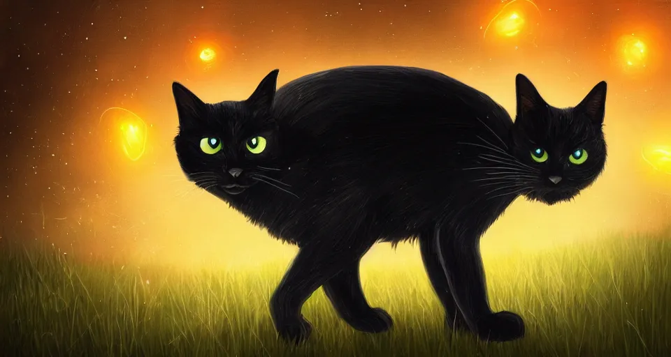 Image similar to black cat with glowing eyes walking around in a dark open field at midnight with fireflies in the air and lots of stars in the sky, digital painting, highly detailed, magical, trending on artstation