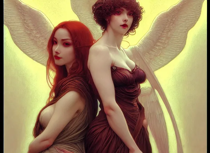 Image similar to portrait of demonic woman and angelic woman, confident pose, pixie, genshin impact, intricate, elegant, sharp focus, soft bokeh, illustration, highly detailed, concept art, matte, trending on artstation, bright colors, art by wlop and artgerm and greg rutkowski, mucha, giger, marvel comics