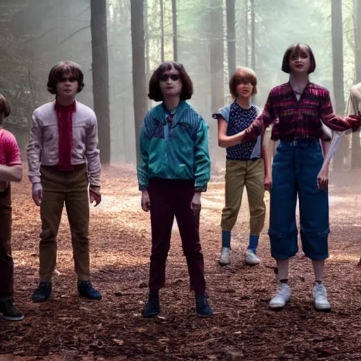 Prompt: Stranger Things cast dancing in a forest, 8k UHD, high quality, studio photo,