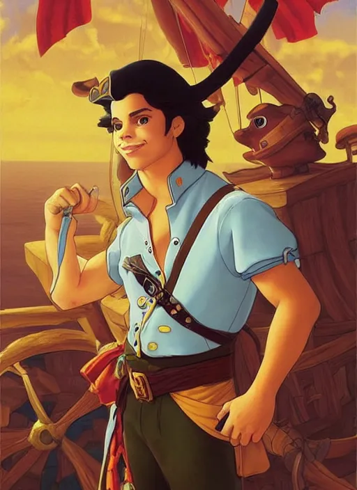 Image similar to cute jake t. austin as a pirate captain. parrot on his shoulder, natural lighting, path traced, highly detailed, high quality, digital painting, by don bluth and ross tran and studio ghibli and alphonse mucha, artgerm