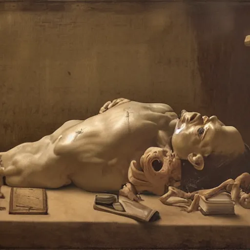 Image similar to a wider shot of the morgue. leonardo da vinci, in his late 3 0 ’ s, sits alone. he has parchment and a pen, and is sketching the human heart. in the background – past the heart – we see its occupant, a corpse, artstation, painting