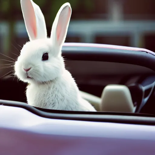 Prompt: a cute bunny driving a fully visible convertible, studio photo, high quality