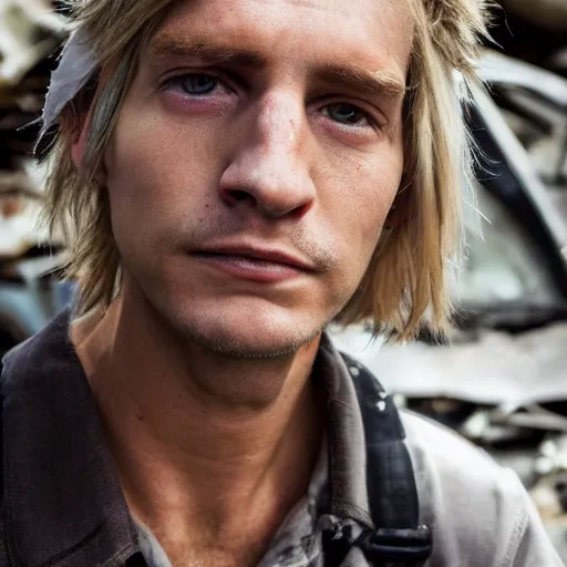 Prompt: close up headshot of a skinny high-fantasy elf with a long face narrow chin and spiky blonde hair wearing dark brown overalls and holding a bomb next to a destroyed car, gel spiked blond hair, high resolution film still, HDR color