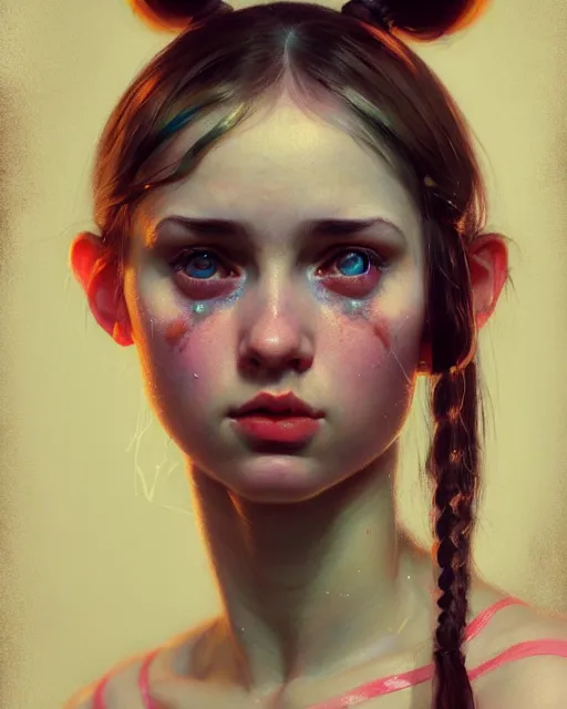 Image similar to young woman with pigtails, beautiful girl, close up portrait, bright, highkey, realistic, serov, surikov, vasnetsov, repin, kramskoi, paint texture, uplight, insanely detailed, charlie bowater, tom bagshaw, octane rendered, unreal engine, illustration, trending on artstation, masterpiece