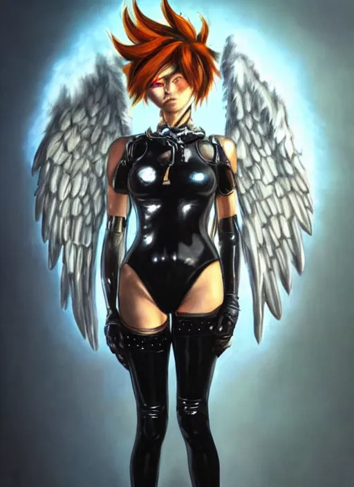 Image similar to full body artwork of tracer overwatch, wearing black latex outfit, in style of zdzisław beksinski, angel wings, dramatic painting, wearing detailed leather collar, black shiny armor, chains, black harness, detailed face and eyes,