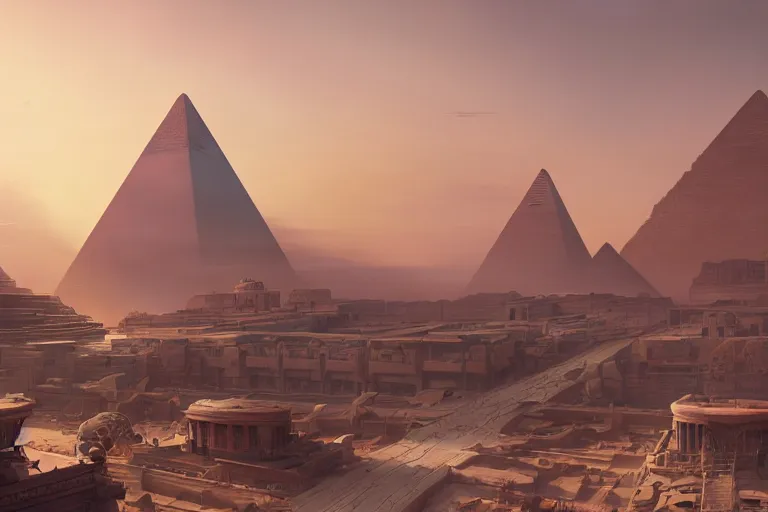 Image similar to futuristic oriental robotic egyptian city, matte painting, long shot, concept art, wide shot, digital art, trending on artstation, 4 k, extremely detailed, realistic, midday, warm colors, golden sunlight, by greg rutkowski, cinematic, epic