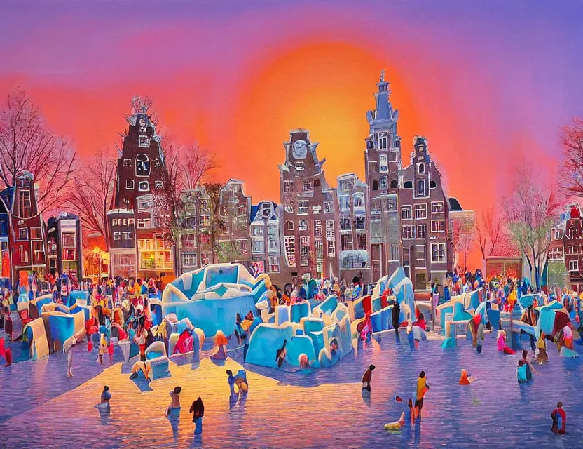 Prompt: a painting of a ice sculpture made of melting icecream in the shape of the skyline of amsterdam museum square and amsterdam houses on a very sunny bright summer sunset day, very hot and the ice is melting fast and people are swimming in the icecream in the style of james jean and fernando botero