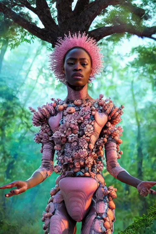 Prompt: hyperrealistic post - renaissance cinematic super expressive! yoruba goddess with exoskeleton armor, merging with tree in a forest, pink orange flowers, highly detailed concept art masterpiece, smooth cam de leon eric zener dramatic pearlescent soft teal light, ground angle hd 8 k, sharp focus
