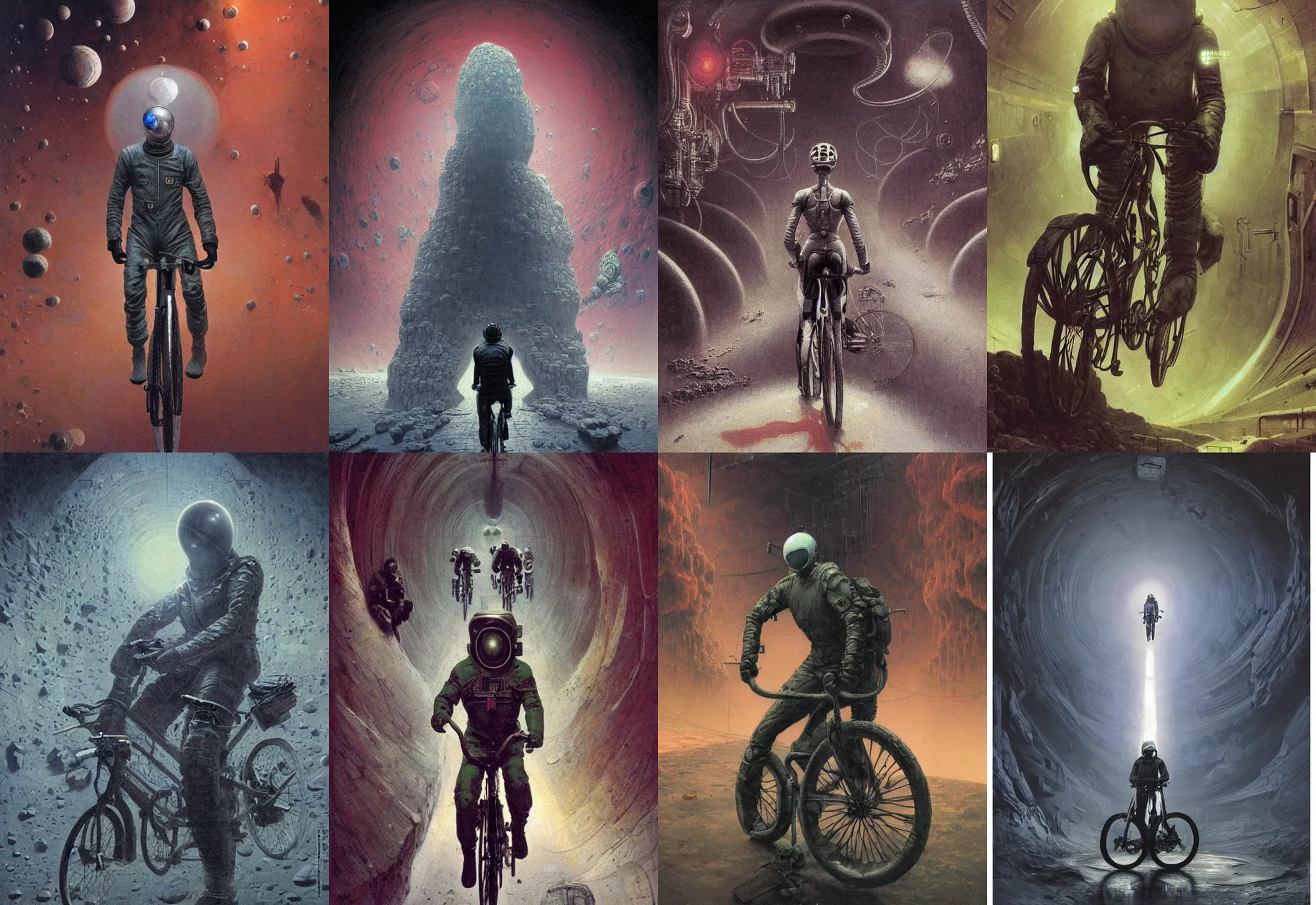 Prompt: portrat soviet cosmonavt on bike in the dirty cave, moscow metro, space travel, art by beksinski and stephan martiniere, japan poster, fatal, singularity