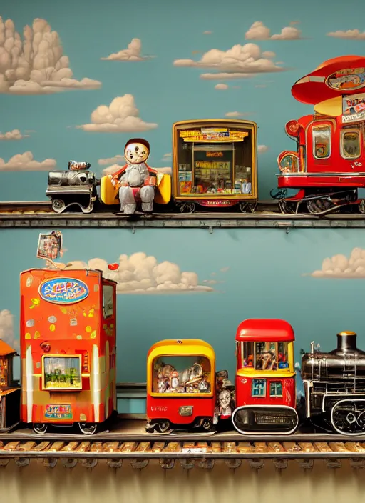 Image similar to highly detailed wide - angle portrait of a cute tin toy retro train set, nicoletta ceccoli, mark ryden, lostfish, earl nore, hyung tae, frank frazetta, global illumination, god rays, detailed and intricate environment