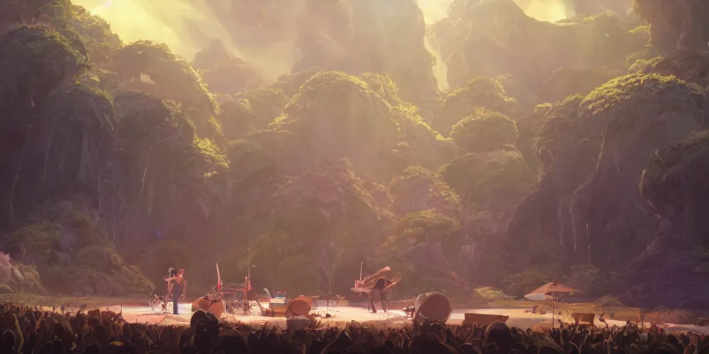 Image similar to a wholesome animation key shot of a band behemoth performing on stage, medium shot, studio ghibli, pixar and disney animation, 3 d, sharp, rendered in unreal engine 5, anime key art by greg rutkowski, bloom, dramatic lighting