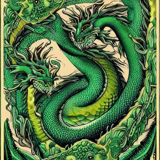 Image similar to green dragon surrounded by rosebuds, by mc escher, trending on artstation, intricate, elegant