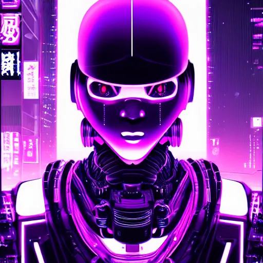 Image similar to Head of a robot with purple glowing eyes in cyberpunk neon Tokyo in style of Tsutomu Nihei. Cyberpunk, vertical symmetry, 8K, Highly Detailed, Intricate.