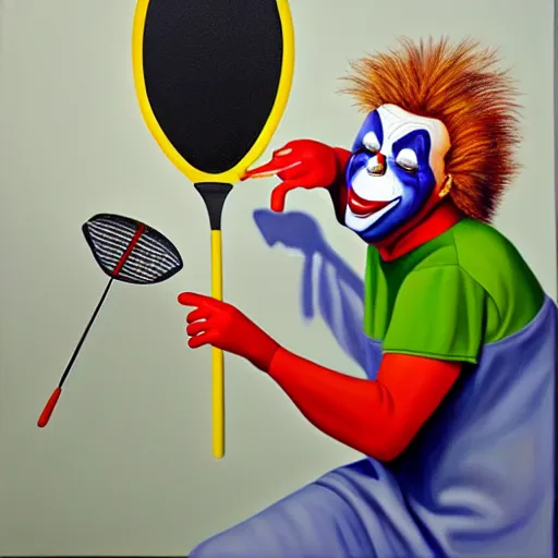 Image similar to hyperrealism painting from the housefly perspective getting swatted at from an angry and sick clown man with a fly swatter in the kitchen