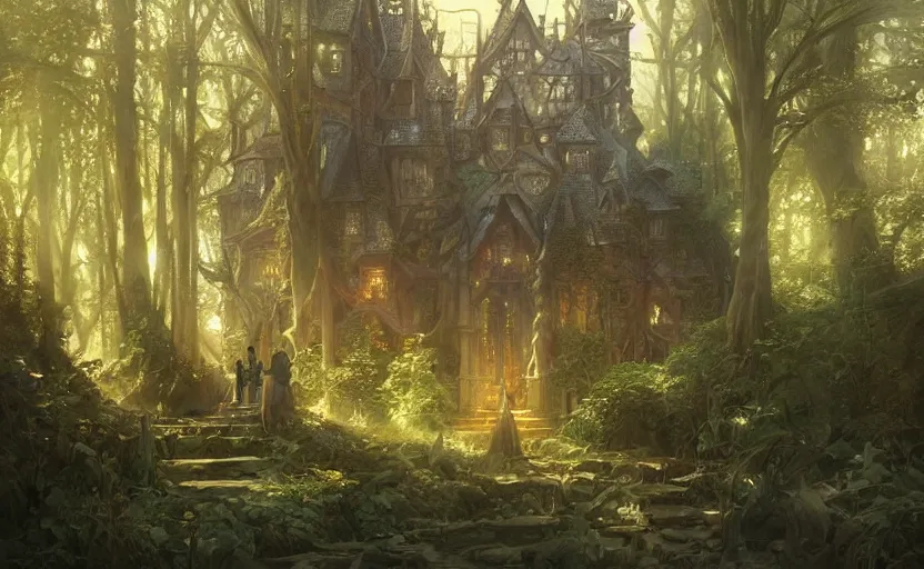 Image similar to hidden magical school in the forest, sci - fi, fantasy, intricate, elegant, highly detailed, digital painting, artstation, concept art, matte, sharp focus, illustration, art by artgerm and greg rutkowski and alphonse mucha