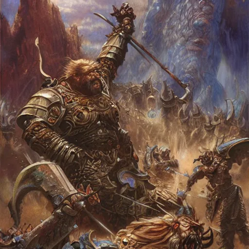 Image similar to art by donato giancola and bayard wu and gustav moreau and wayne barlowe, a fantasy cinematic shot of a dwarf berserker, fighting, warhammer, dnd, fighting monsters,