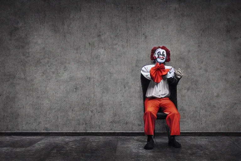 Image similar to photo of a clown staring at a distant crowd, isolated, depressing, moody, nostalgic, dramatic, 8 k uhd