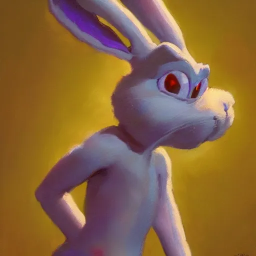 Image similar to a beautiful, soulful oil painting of bugs bunny by craig mullins ; anatomically correct