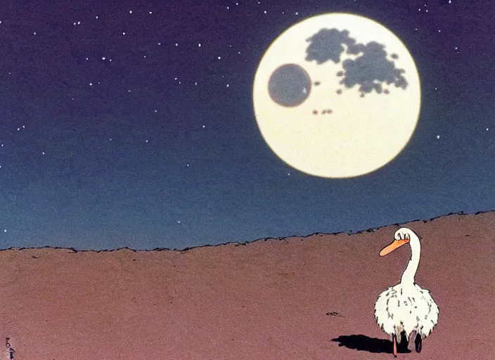 Image similar to a still from a studio ghibli movie of an ostrich from princess mononoke ( 1 9 9 7 ), on a desert road, in front of a pale full moon, full body, wide shot, very dull muted colors, studio ghibli, highly detailed, deviantart, art by artgem